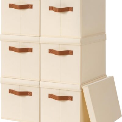 Storage Bins with Lids - Fabric Storage Baskets for Shelves, 6 Pack Foldable Decorative Boxes with Handles, Stackable Organizer Bins for Home, Nursery, Dorm, Beige