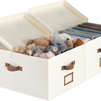 Off-White Multi-Compartment Fabric Storage Box with Hinged Lids & Faux Leather Handles
