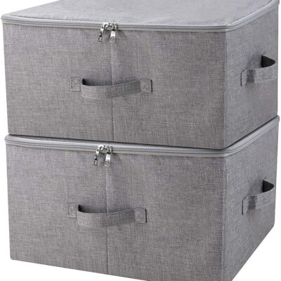 Faux-Linen Storage Box with Lid – Dual Zippers & Multiple Handles